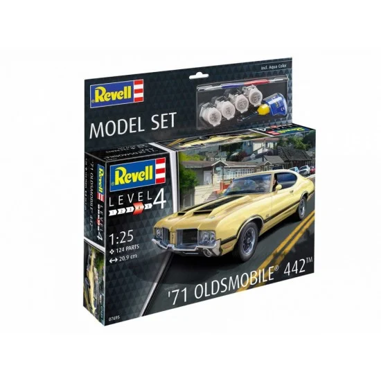 Revell 67695 1/24 '71 Oldsmobile 442 Coupe Model Set (kit, paints, adhesive & brush) - Model Cars