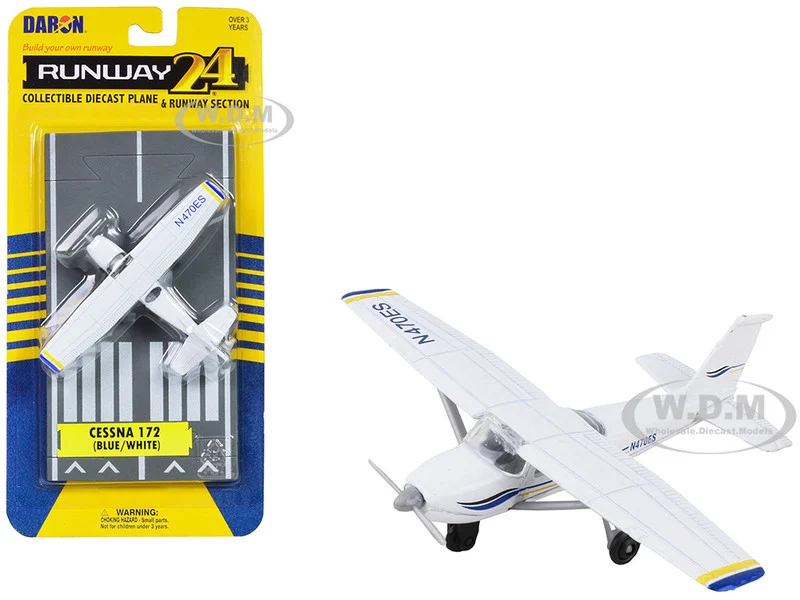 Cessna 172 Aircraft White with Blue and Yellow Stripes "N470ES" with Runway Section Diecast Model Airplane by Runway24