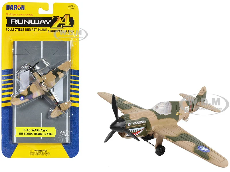 Curtiss P-40 Warhawk Fighter Aircraft Camouflage "Flying Tigers-First American Volunteer Group" with Runway Section Diecast Model Airplane by Runway24