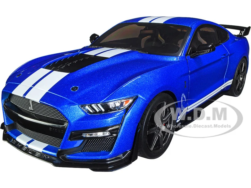 2020 Ford Mustang Shelby GT500 Fast Track Ford Performance Blue Metallic with White Stripes 1/18 Diecast Model Car by Solido - Ford Models