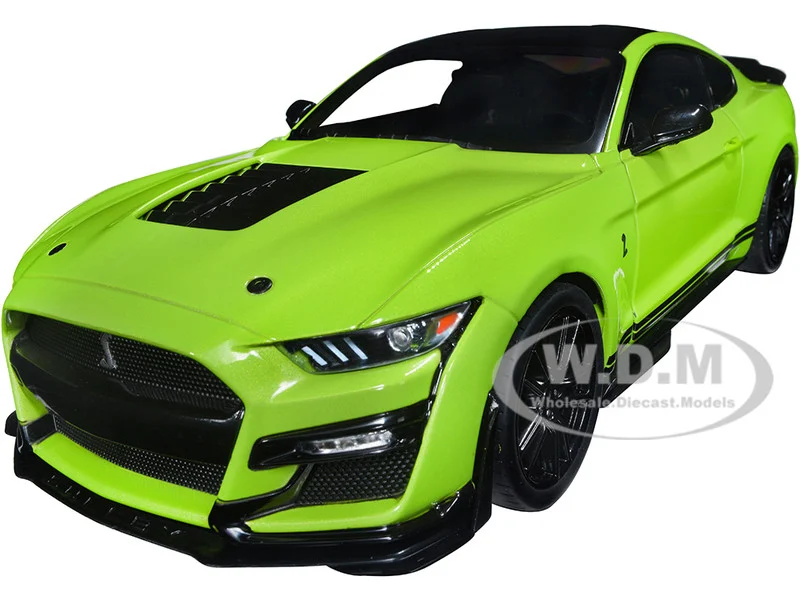 2020 Ford Mustang Shelby GT500 Grabber Lime Green Metallic with Black Top and Stripes 1/18 Diecast Model Car by Solido - Ford Models