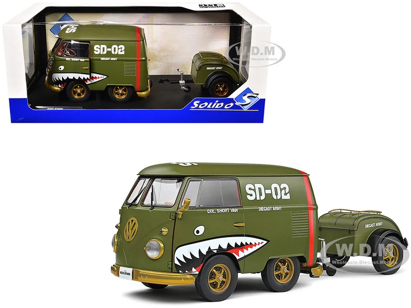1950 Volkswagen Kool Kombi Van with Trailer "Army Fighter" Green with Graphics 1/18 Diecast Model Car by Solido - Volkswagen Models