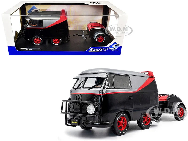 2024 Volkswagen Kool Kombi Sport Van with Trailer Black and Silver with Red Stripe 1/18 Diecast Model Car by Solido - Volkswagen Models