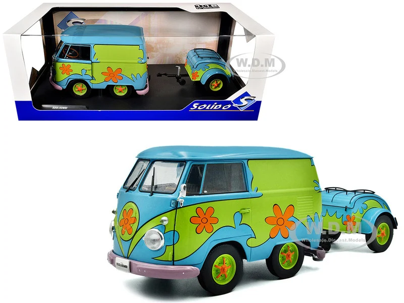 2024 Volkswagen Kool Kombi Van with Trailer "Ghost Hunter" Blue and Green with Graphics 1/18 Diecast Model Car by Solido - Volkswagen Models
