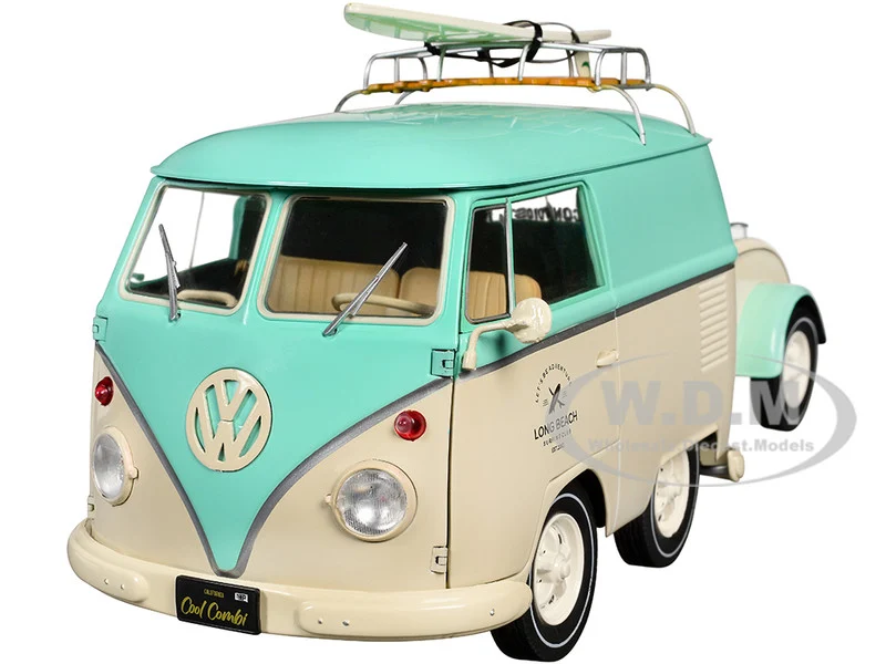 2024 Volkswagen Cool Combi Van with Trailer "Long Beach Surfing Club" Mint Green and Cream with Roof Rack and Surfboard 1/18 Diecast Model Car by Solido - Volkswagen Models