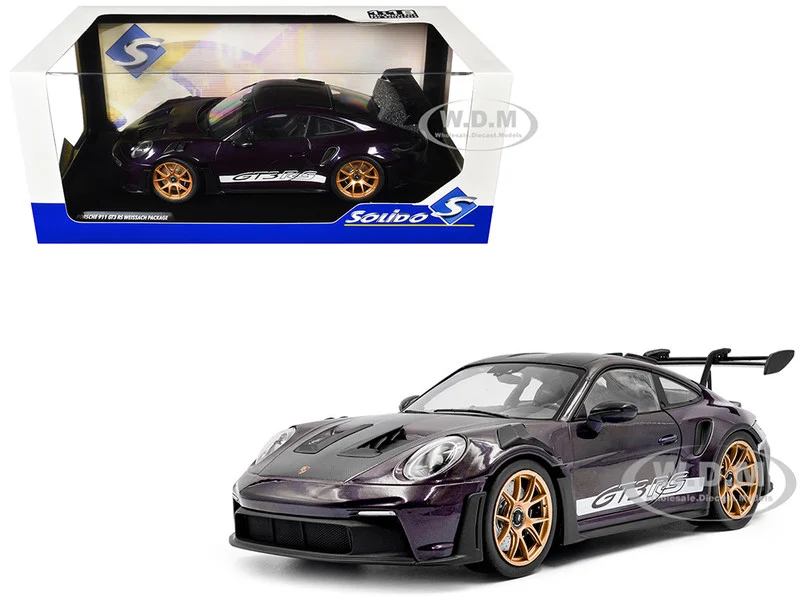 2024 Porsche 911 GT3 RS Weissach Package Viola Purple Metallic with Carbon Hood Stripes and Top 1/18 Diecast Model Car by Solido - Porsche Models