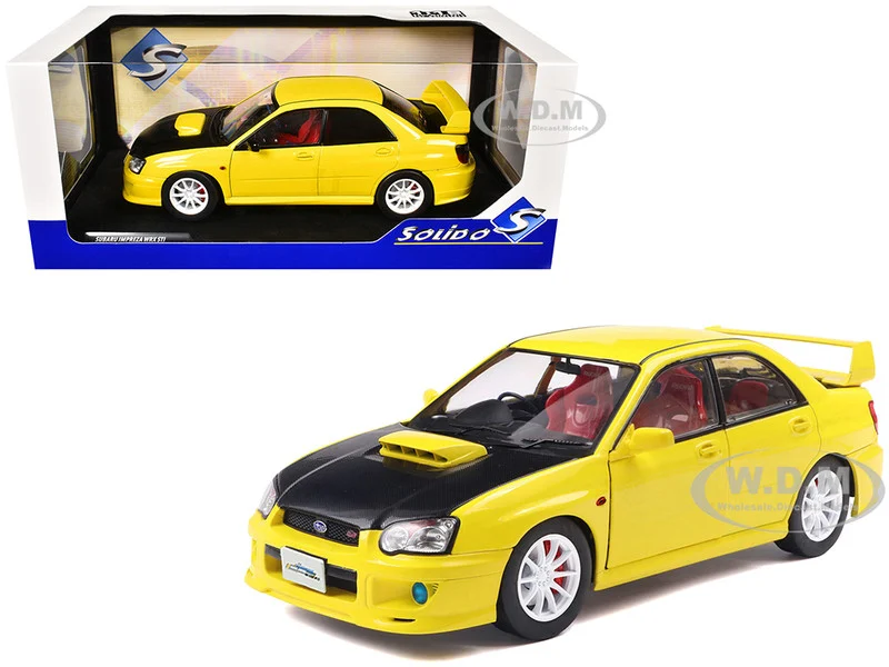 2003 Subaru Impreza WRX STI RHD (Right Hand Drive) Yellow with Carbon Hood 1/18 Diecast Model Car by Solido - Subaru Models