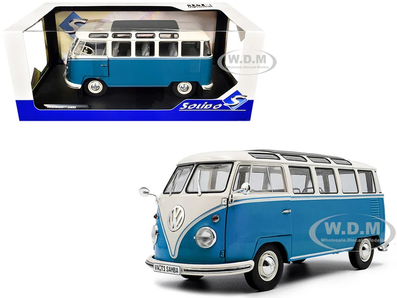 1962 Volkswagen T1 Samba Bus Baby Blue and White 1/18 Diecast Model Car by Solido - Volkswagen Models
