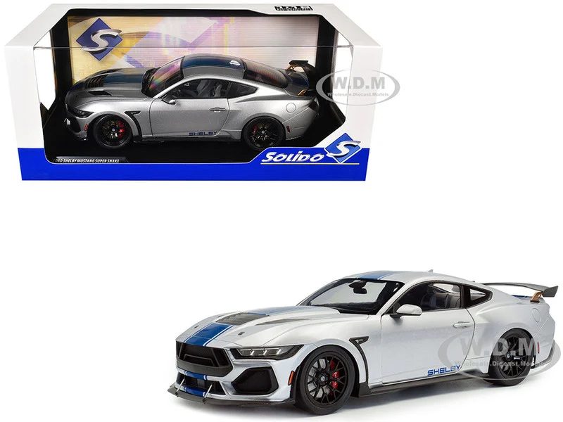 2024 Ford Shelby Mustang Super Snake Gray Metallic with Blue Stripes 1/18 Diecast Model Car by Solido - Ford Models