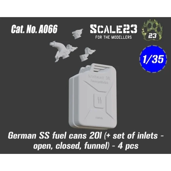 Scale23 35-A066 1/35 German SS Fuel Cans 20L (+ Set Of Inlets - Open, Closed, Funnel) 4pcs