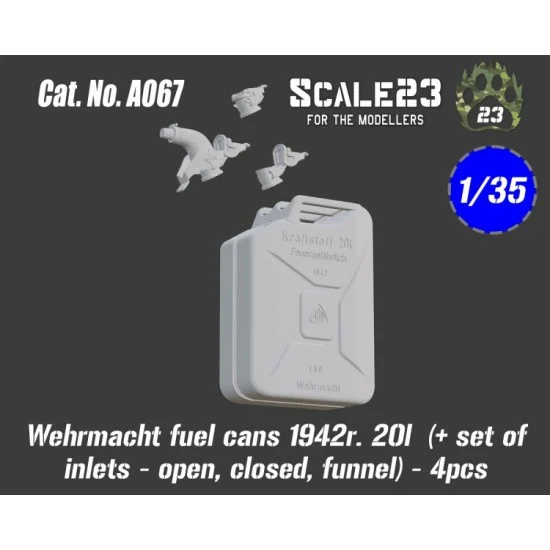 Scale23 35-A067 1/35 Wermacht Fuel Cans 1942R. 20L (+ Set Of Inlets - Open, Closed, Funnel) 4pcs