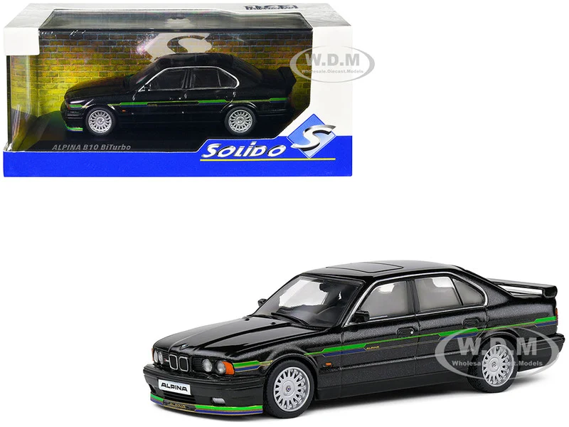 1994 BMW E34 Alpina B10 BiTurbo Black Metallic with Green Graphics 1/43 Diecast Model Car by Solido - BMW Models