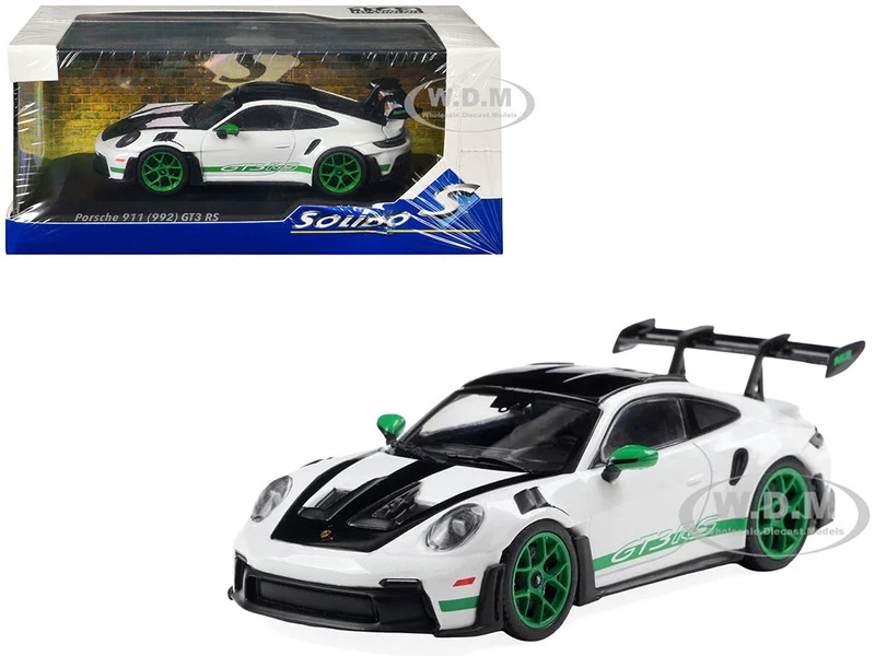 2023 Porsche 911 (992) GT3 RS "Tribute to Carrera RS Package" White with Green Stripes and Black Hood and Top 1/43 Diecast Model Car by Solido - Porsche Models