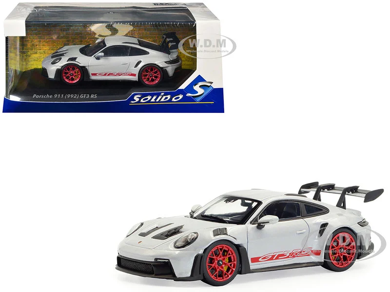 2023 Porsche 911 (992) GT3 RS Ice Gray Metallic with Pyro Red Stripes 1/43 Diecast Model Car by Solido - Porsche Models