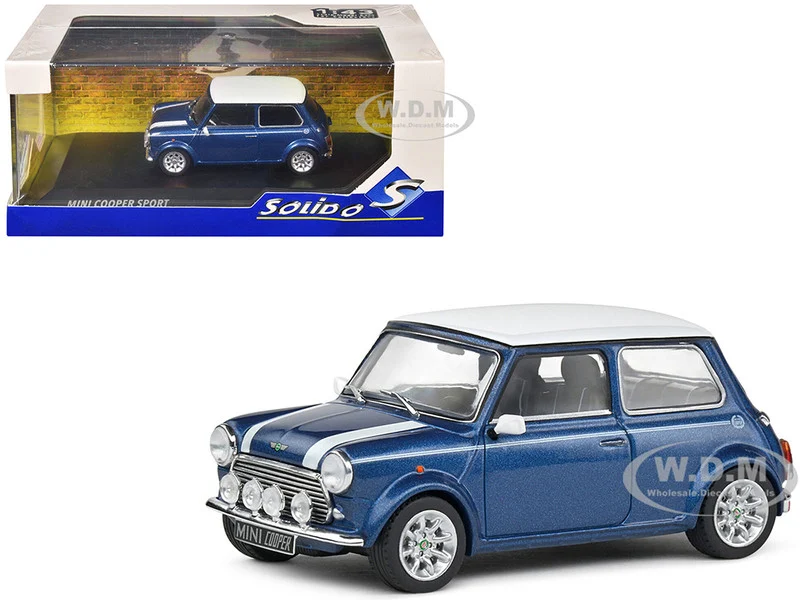 1994 Mini Cooper Sport Tahiti Blue Metallic with White Top and Stripes 1/43 Diecast Model Car by Solido - Mini Cooper Models