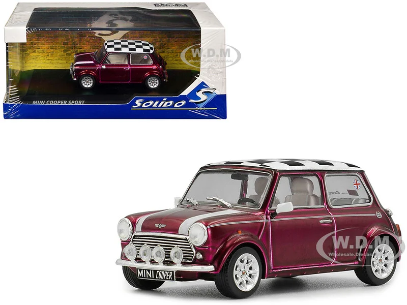 1997 Mini Cooper Sport Purple Metallic with White Stripes and Checkered Top 1/43 Diecast Model Car by Solido - Mini Cooper Models