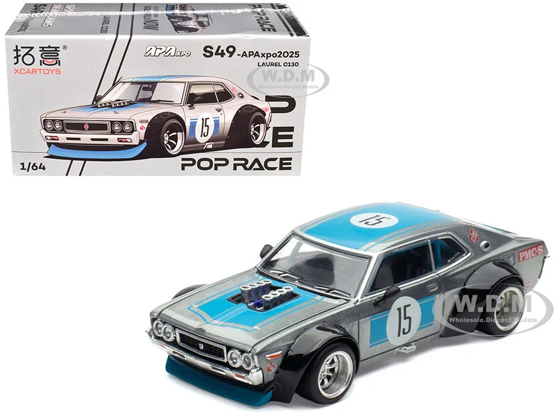 Datsun Laurel C130 RHD (Right Hand Drive) #15 Raw Metal with Blue Stripes "APA XPO 2025 Exclusive" 1/64 Diecast Model Car by Pop Race - Datsun Models