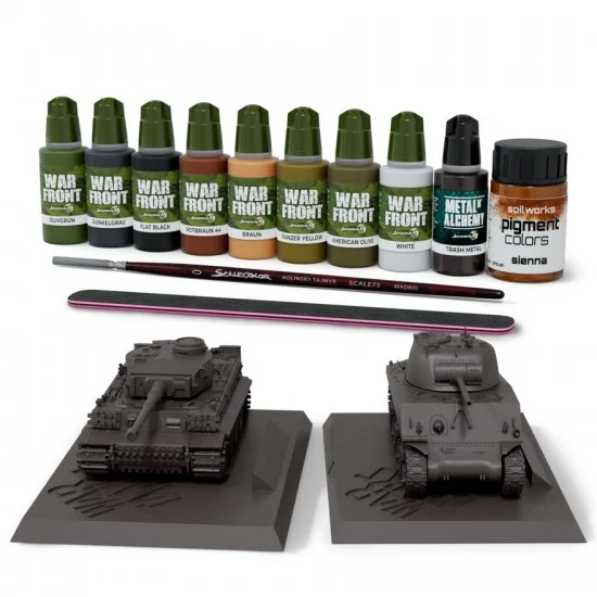 Scale75 SSS002 War Tanks Starter Set - 1/100 Tank Models w/Bases, Paints, Brush, File