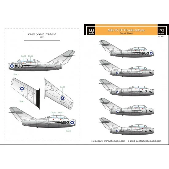 SBS Model D72002 1/72 Finnish Air Force Mikoyan MiG-15UTI Decals for Eduard/Hobby Boss kit