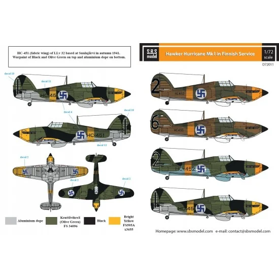 SBS Model D72011 1/72 Hawker Hurricane Mk.I in Finnish Service Decals for Airfix/Hasegawa kit - Model Planes