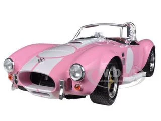 1965 Shelby Cobra 427 S/C Pink with White Stripes with Printed Carroll Shelby Signature's on the Trunk 1/18 Diecast Model Car by Shelby Collectibles - Shelby Models