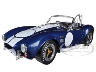 1965 Shelby Cobra 427 S/C Dark Blue Metallic with White Stripes with Printed Carroll Shelby's Signature on the Trunk 1/18 Diecast Model Car by Shelby Collectibles - Shelby Models