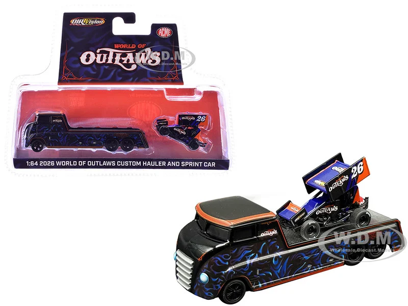 "World Of Outlaws 2026" Winged Sprint Car #26 Black with Stripes and Custom Hauler Black with Graphics 1/64 Diecast Model Cars by ACME - 1/64 Scale Sets