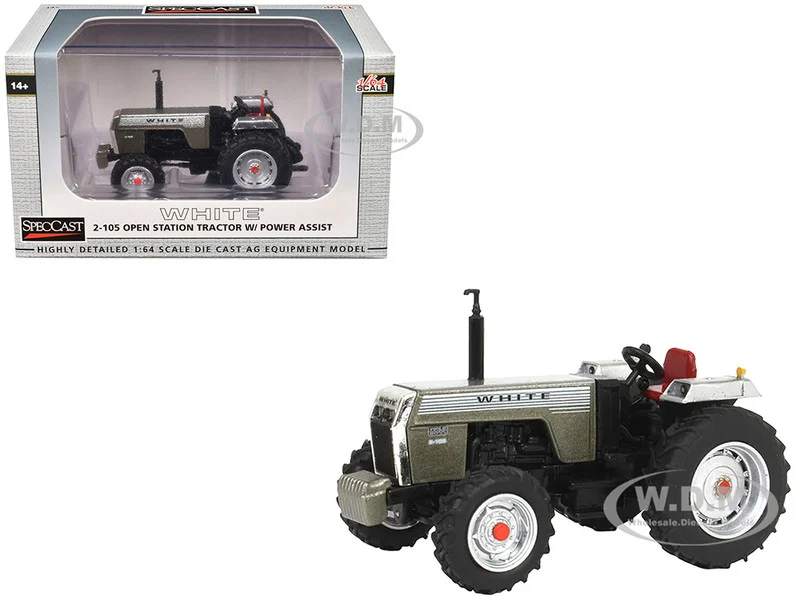 White 2-105 Open Station Power Assist Tractor Brushed Metal with White Stripes 1/64 Diecast Model by SpecCast