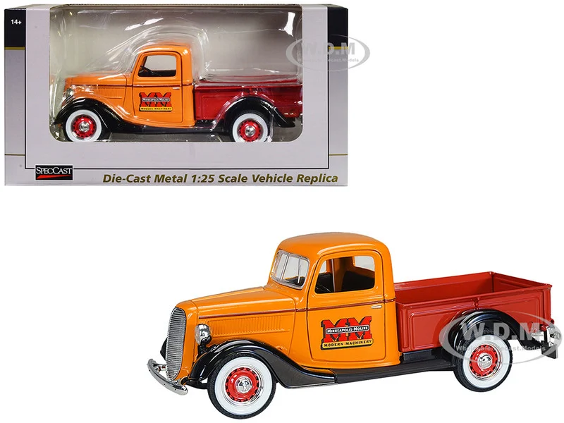 1937 Ford Pickup Truck "Minneapolis Moline" Orange with Red Truck Bed and Black Fenders 1/25 Diecast Model Car by SpecCast - Ford Models