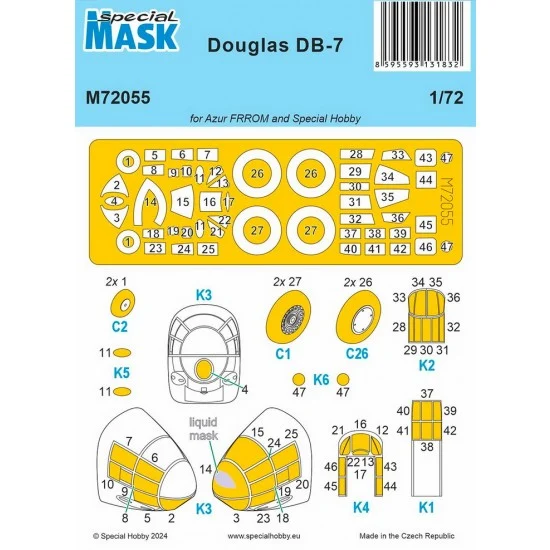 Special Hobby M72055 1/72 Douglas DB-7 Clear Parts and Undercarriage Wheels Masks for Azur/Frrom/Special Hobby