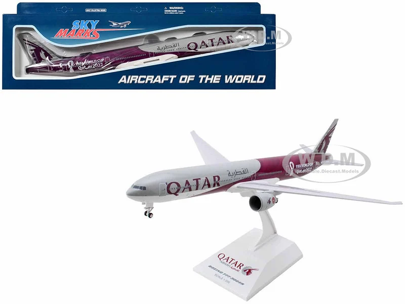 Boeing 777-300 Commercial Aircraft with Landing Gear "Qatar Airways - FIFA World Cup Qatar 2022" Gray and Dark Red (Snap-Fit) 1/200 Plastic Model by Skymarks