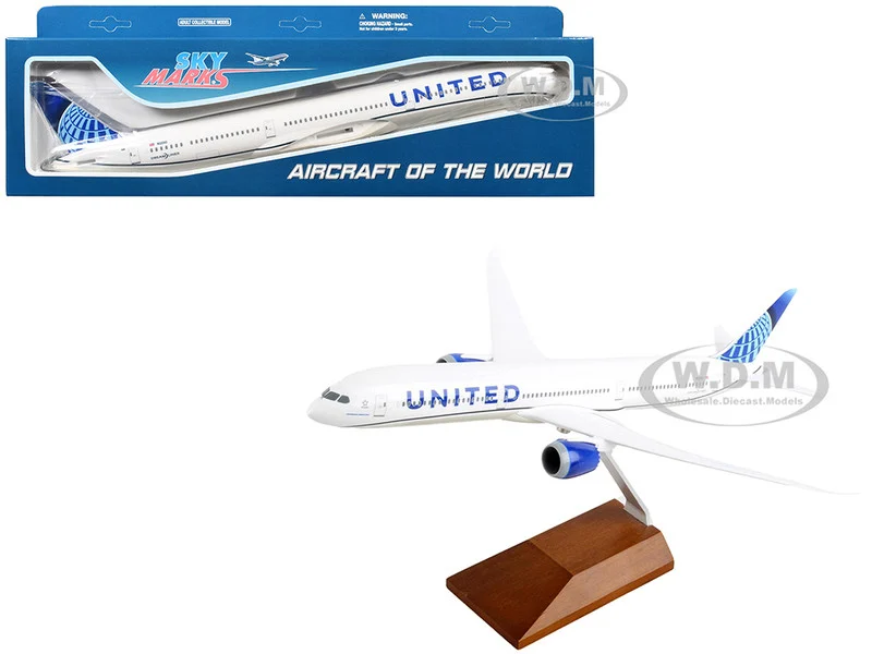 Boeing 787-10 Dreamliner Commercial Aircraft "United Airlines" (N12010) White with Blue Tail and Wood Stand (Snap-Fit) 1/200 Plastic Model by Skymarks