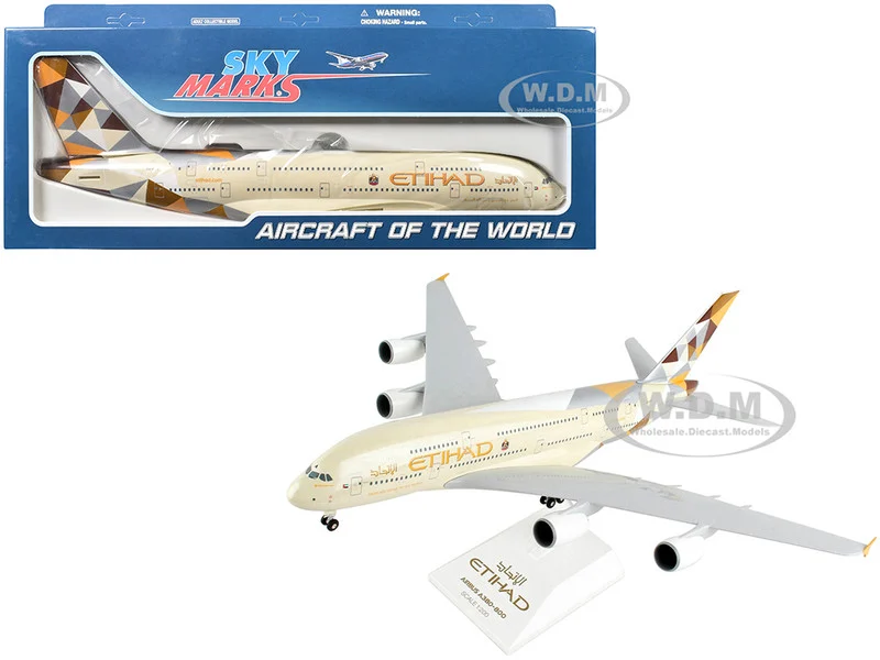 Airbus A380-800 Commercial Aircraft with Landing Gear "Etihad Airways" (F-WWDD) Beige with Tail Graphics (Snap-Fit) 1/200 Plastic Model by Skymarks