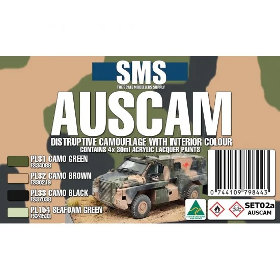 The Scale Modellers Supply SET02A Acrylic Lacquer Paints Set - Australian Camo Disruptive & Interiors Updated (4x 30ml)