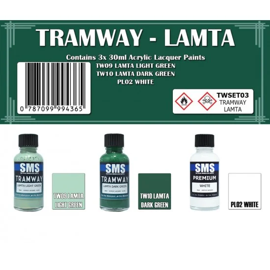 The Scale Modellers Supply TWSET03 Acrylic Lacquer Paint Set - Lamta Tramway (3x 30ml)
