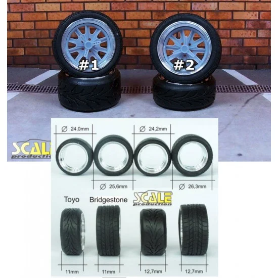 Scale Production SPRF24185-2-2 1/24 18 Halibrand Wheels w/2 Center Hub Spinners Toyos Stretch Tyres
