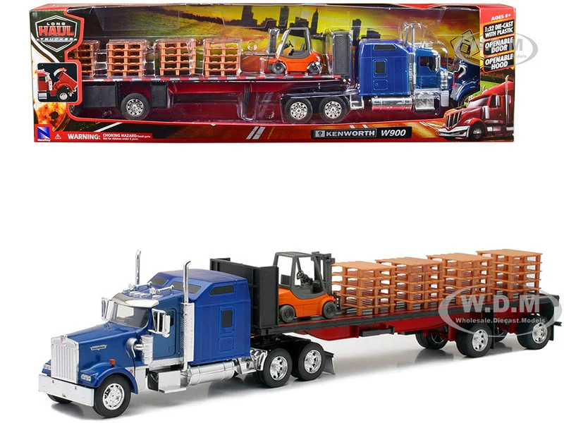 Kenworth W900 Truck with Flatbed Trailer Blue with Forklift and Pallets "Long Haul Truckers" Series 1/32 Diecast Model by New Ray - Kenworth Models