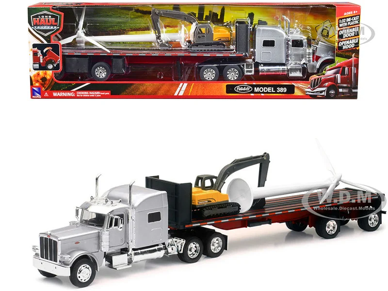 Peterbilt 389 Truck with Flatbed Trailer Silver Metallic with Excavator and Wind Turbine "Long Haul Truckers" Series 1/32 Diecast Model by New Ray - Peterbilt Models