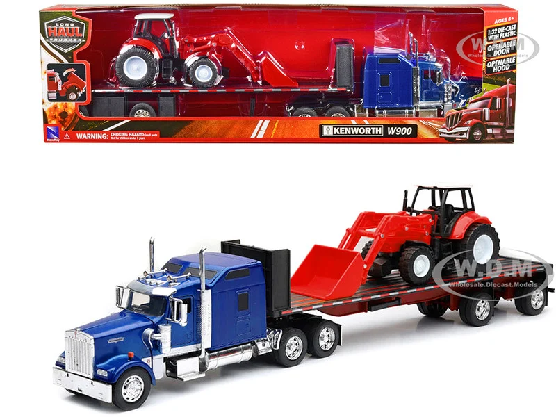 Kenworth W900 Truck with Flatbed Trailer Blue Metallic with Farm Tractor Red "Long Haul Truckers" Series 1/32 Diecast Model by New Ray - Kenworth Models