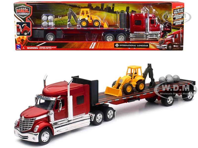 International Lonestar Truck with Flatbed Trailer Red Metallic with Front Loader and Rocks "Long Haul Truckers" Series 1/32 Diecast Model by New Ray - International Models