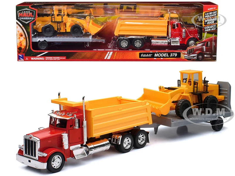 Peterbilt 379 Dump Truck Red and Wheel Loader Yellow with Flatbed Trailer "Long Haul Truckers" Series 1/32 Diecast Model by New Ray - Peterbilt Models