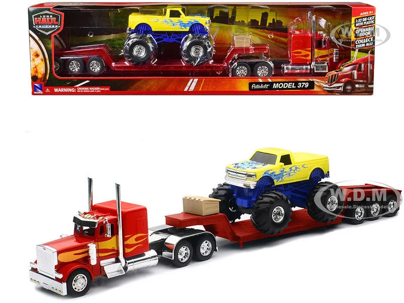Peterbilt 379 Truck with Lowboy Trailer Red with Orange Flames and Monster Truck Yellow with Blue Flames "Long Haul Truckers" Series 1/32 Diecast Model by New Ray - Peterbilt Models