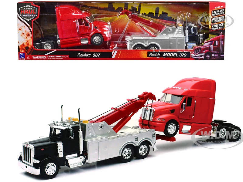 Peterbilt 379 Tow Truck Black with Peterbilt 387 Truck Tractor Red Set of 2 pieces 1/32 Diecast Model by New Ray - Peterbilt Models