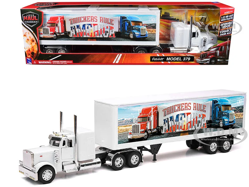 Peterbilt 379 Truck White with Dry Van Trailer "Truckers Rule America" "Long Haul Truckers" Series 1/32 Diecast Model by New Ray - Peterbilt Models