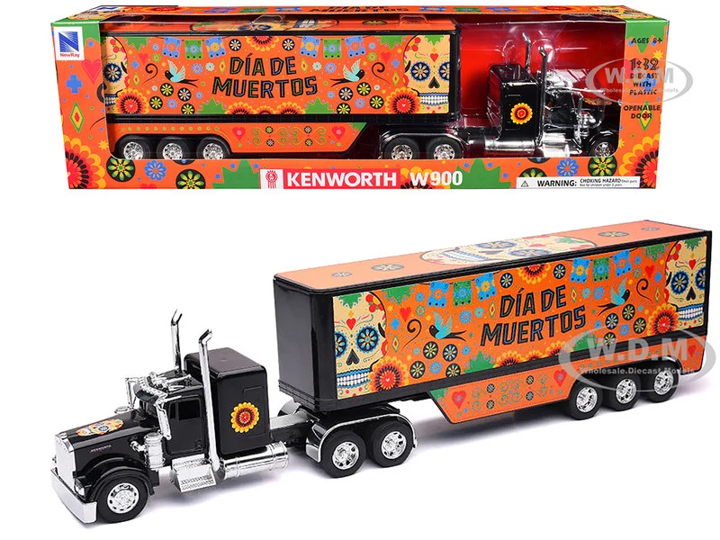 Kenworth W900 Truck Black with Graphics and Dry Van Trailer "Dia De Muertos" 1/32 Diecast Model by New Ray - Kenworth Models
