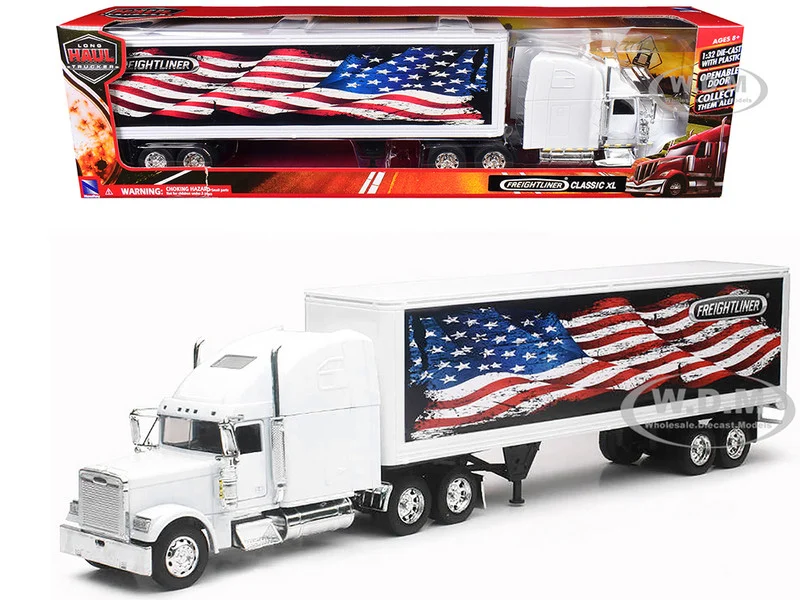 Freightliner Classic XL Truck White with Dry Van Trailer White with Patriotic Graphic "Long Haul Truckers" Series 1/32 Diecast Model by New Ray - Freightliner Models