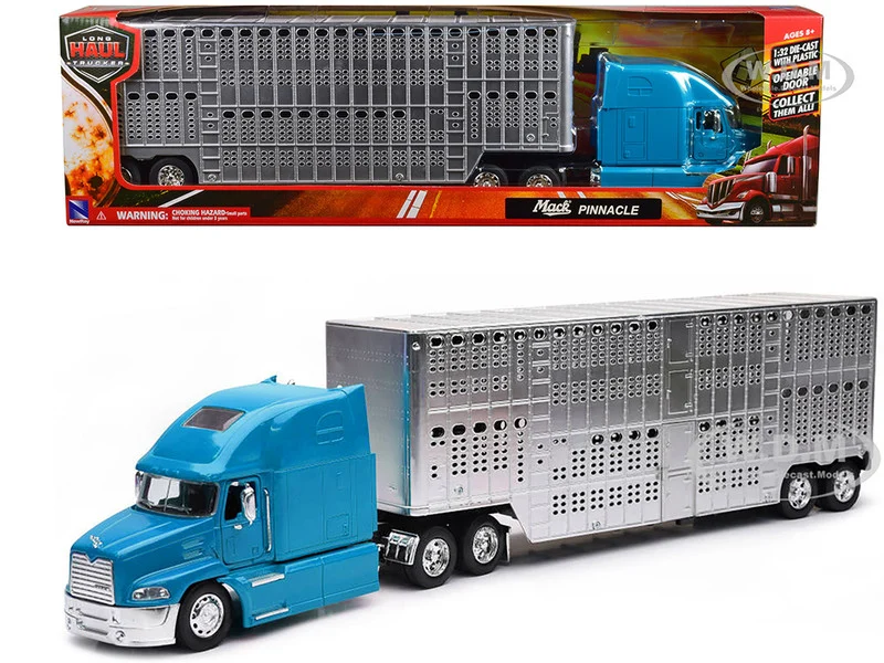 Mack Pinnacle Truck with Pot Belly Livestock Trailer Blue and Chrome "Long Haul Truckers" Series 1/32 Diecast Model by New Ray - Mack Models