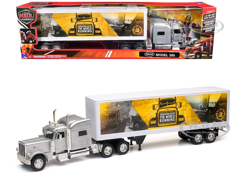 Peterbilt 389 Truck Silver Metallic with Dry Van Trailer "Trucker Keep The World Running" "Long Haul Truckers" Series 1/32 Diecast Model by New Ray - Peterbilt Models