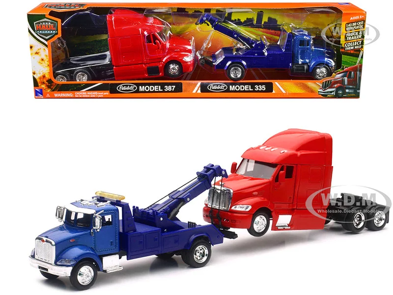 Peterbilt Model 335 Tow Truck Blue and Peterbilt Model 387 Cab Red Set of 2 Pieces 1/43 by New Ray - Peterbilt Models