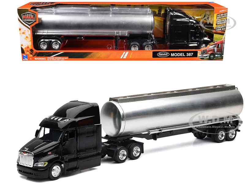 Peterbilt 387 Truck Black with Tanker Trailer Silver "Long Haul Truckers" Series 1/43 Diecast Model by New Ray - Peterbilt Models